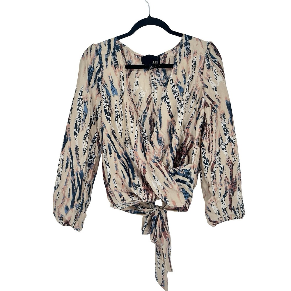 KAii Womens Small Wrap Blouse Abstract Print Tie Front Balloon Sleeve Boho